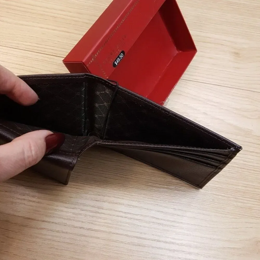 PERRY ELLIS Mens Wallet Dark Brown Leather Bifold Passcase RFID